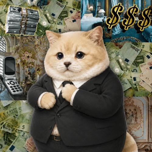 A fat cat in a black business suit surrounded by cash