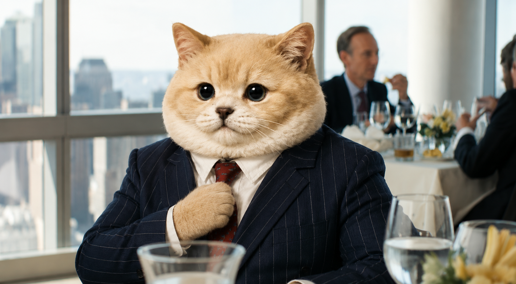 Fat cat in a pinstripe suit adjusting his tie at an upscale restaurant