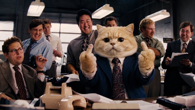 Fat cat in a pinstripe suit giving two thumbs up in a busy brokerage office