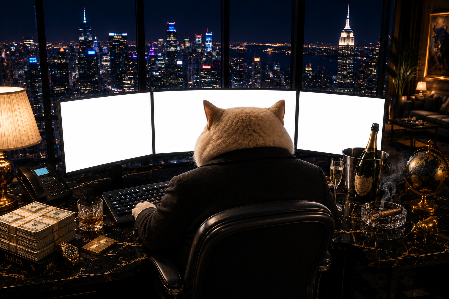 Cat seated at a desk with three monitors overlooking the New York City skyline at night