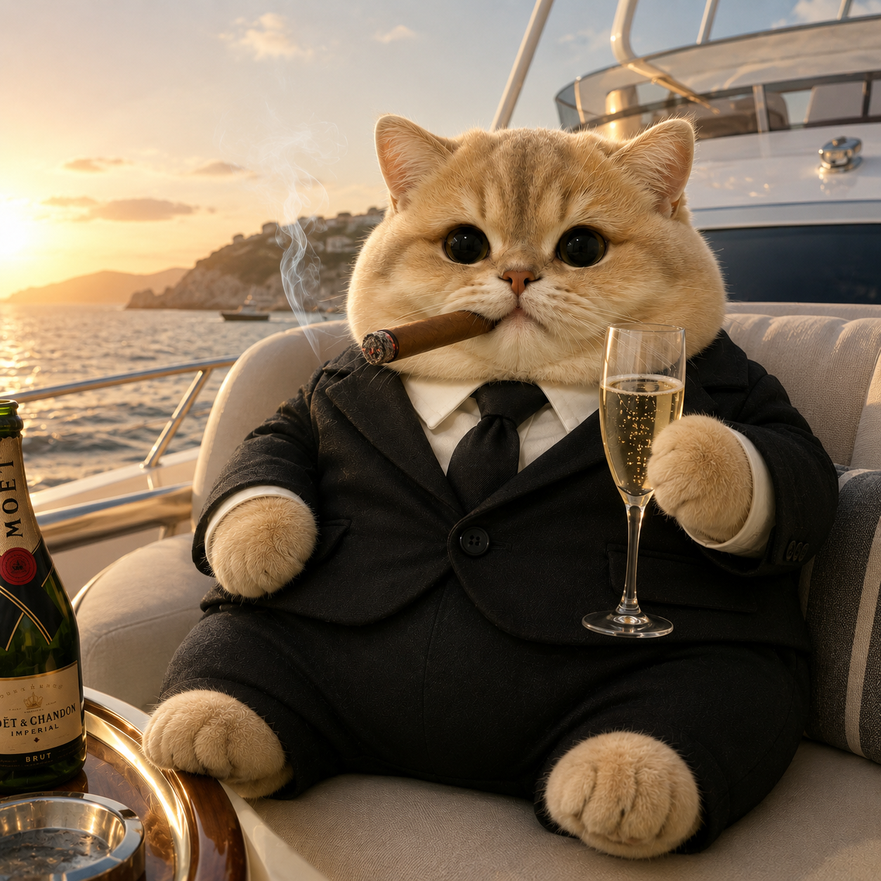 Fat cat in a suit smoking a cigar and drinking champagne on a yacht at sunset